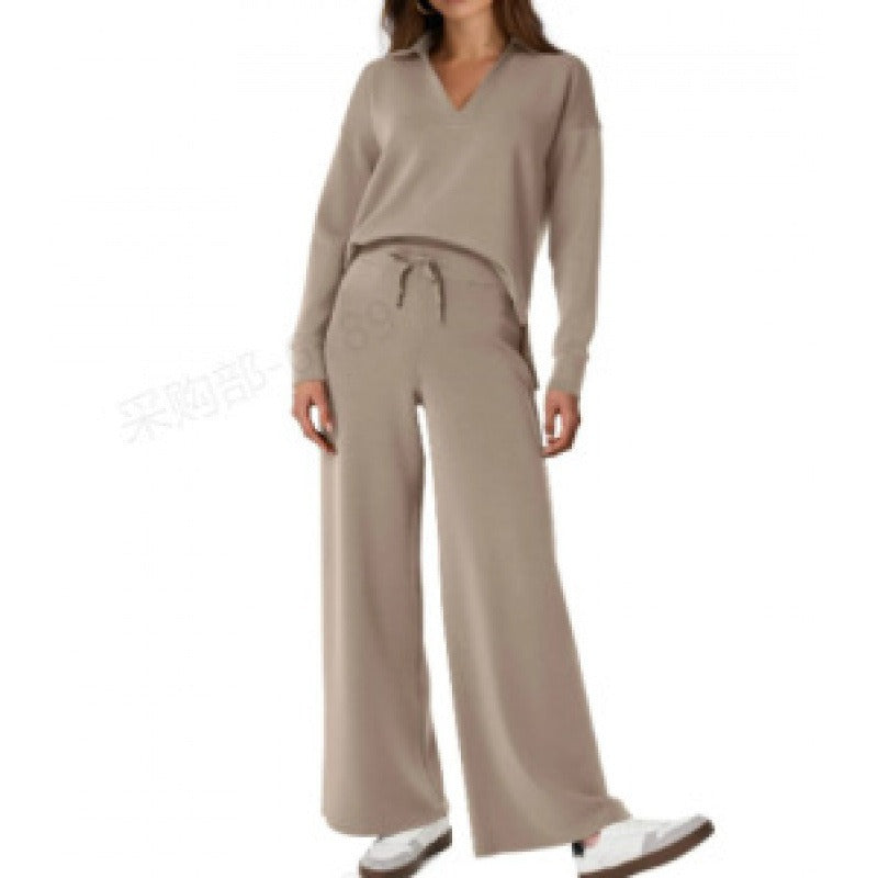Women's Lounge Set - Half Zip Top & Wide Leg Pants - Stylish Loungewear for Casual Outings & Relaxation