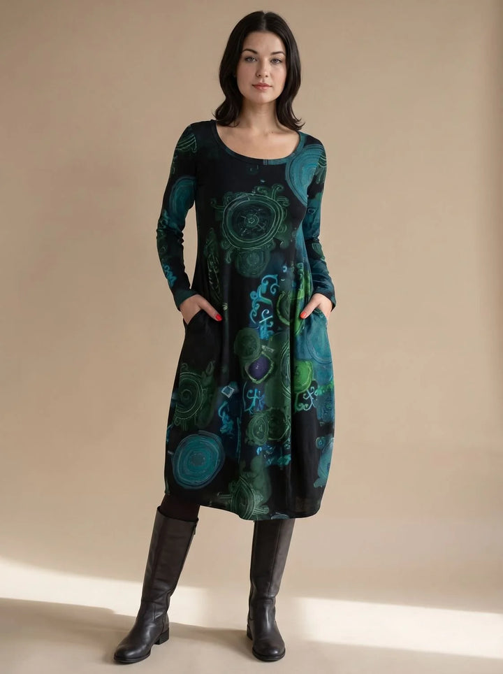 Amelie | Damen Weites Midikleid mit Allover-Print Langen Ärmeln und Taschen 1