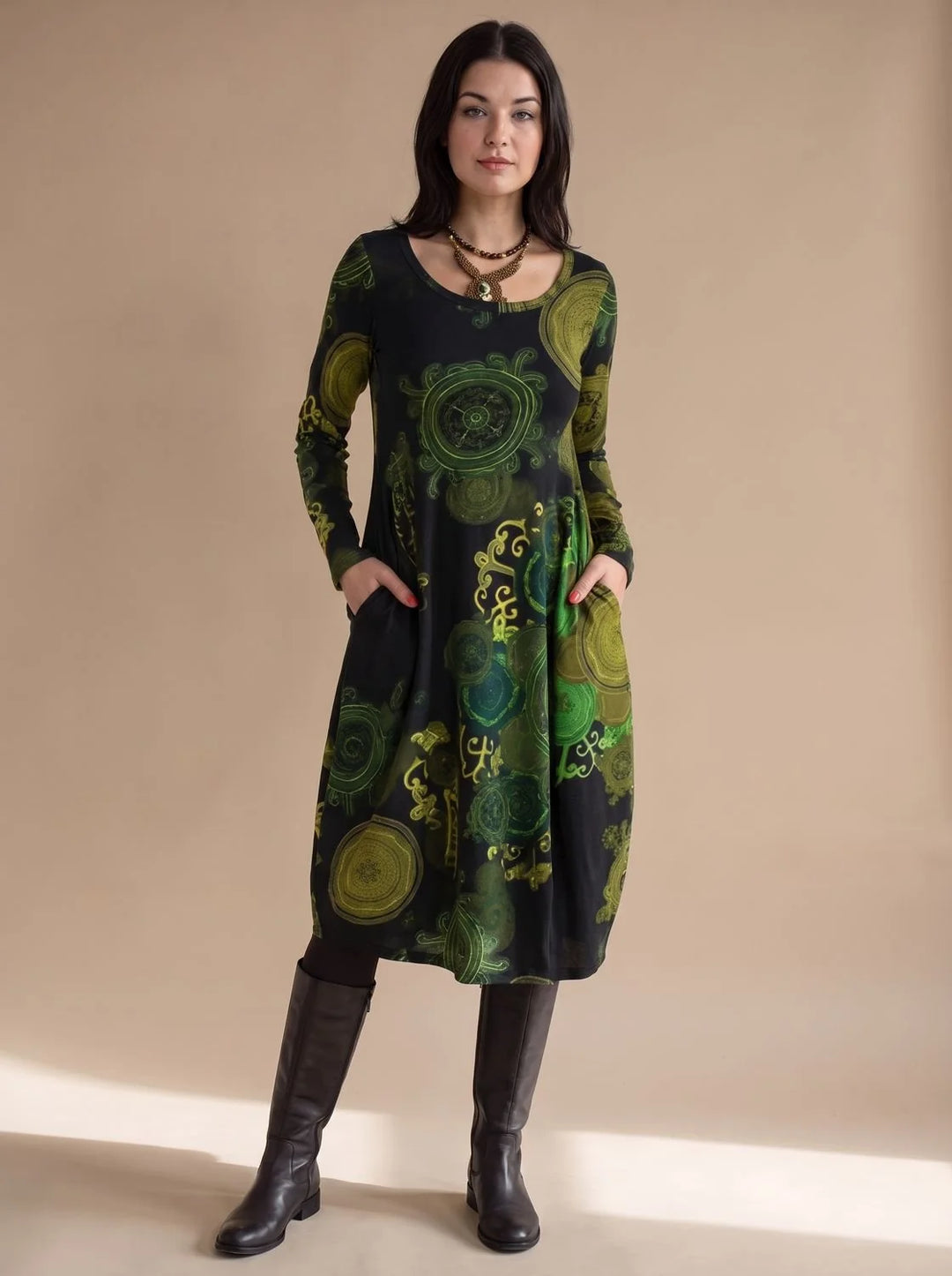Amelie | Damen Weites Midikleid mit Allover-Print Langen Ärmeln und Taschen 2