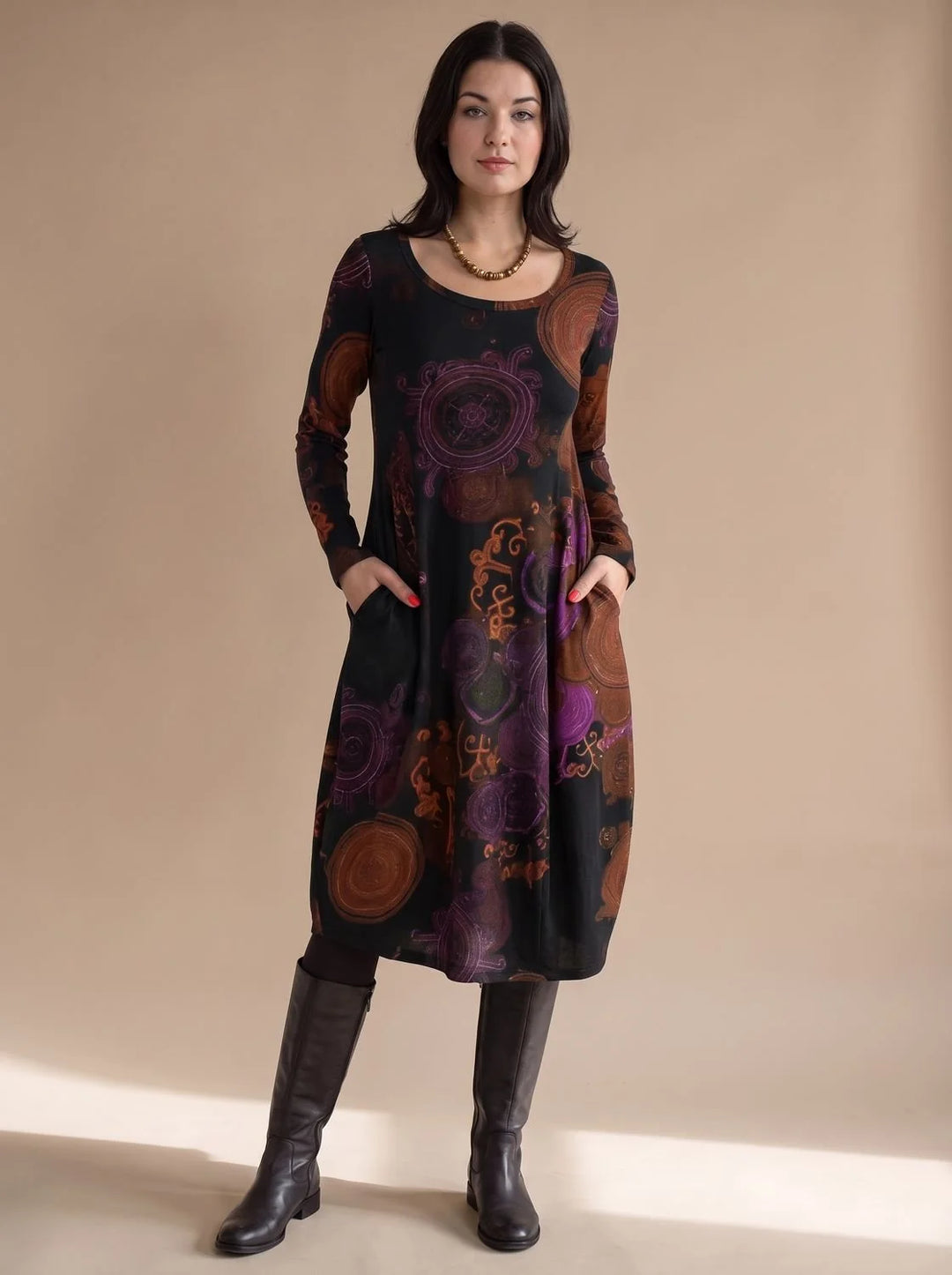 Amelie | Damen Weites Midikleid mit Allover-Print Langen Ärmeln und Taschen 3