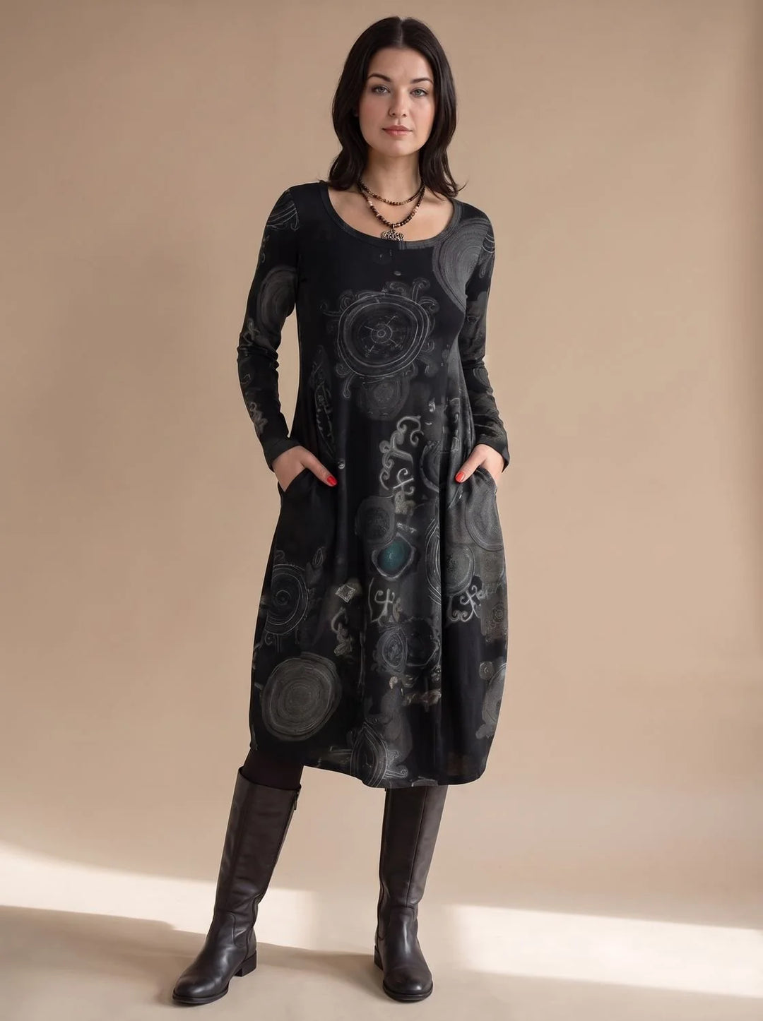 Amelie | Damen Weites Midikleid mit Allover-Print Langen Ärmeln und Taschen 4