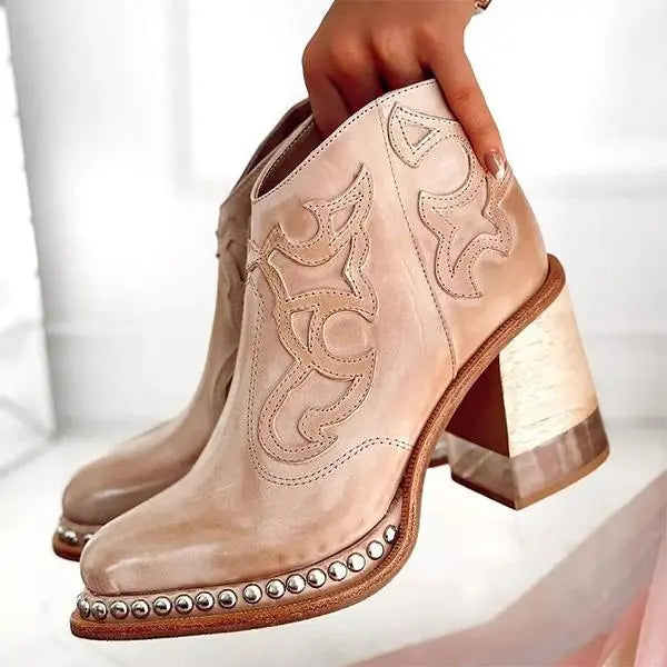 Damen-Lederstiefel mit besticktem Muster und Blockabsatz 1