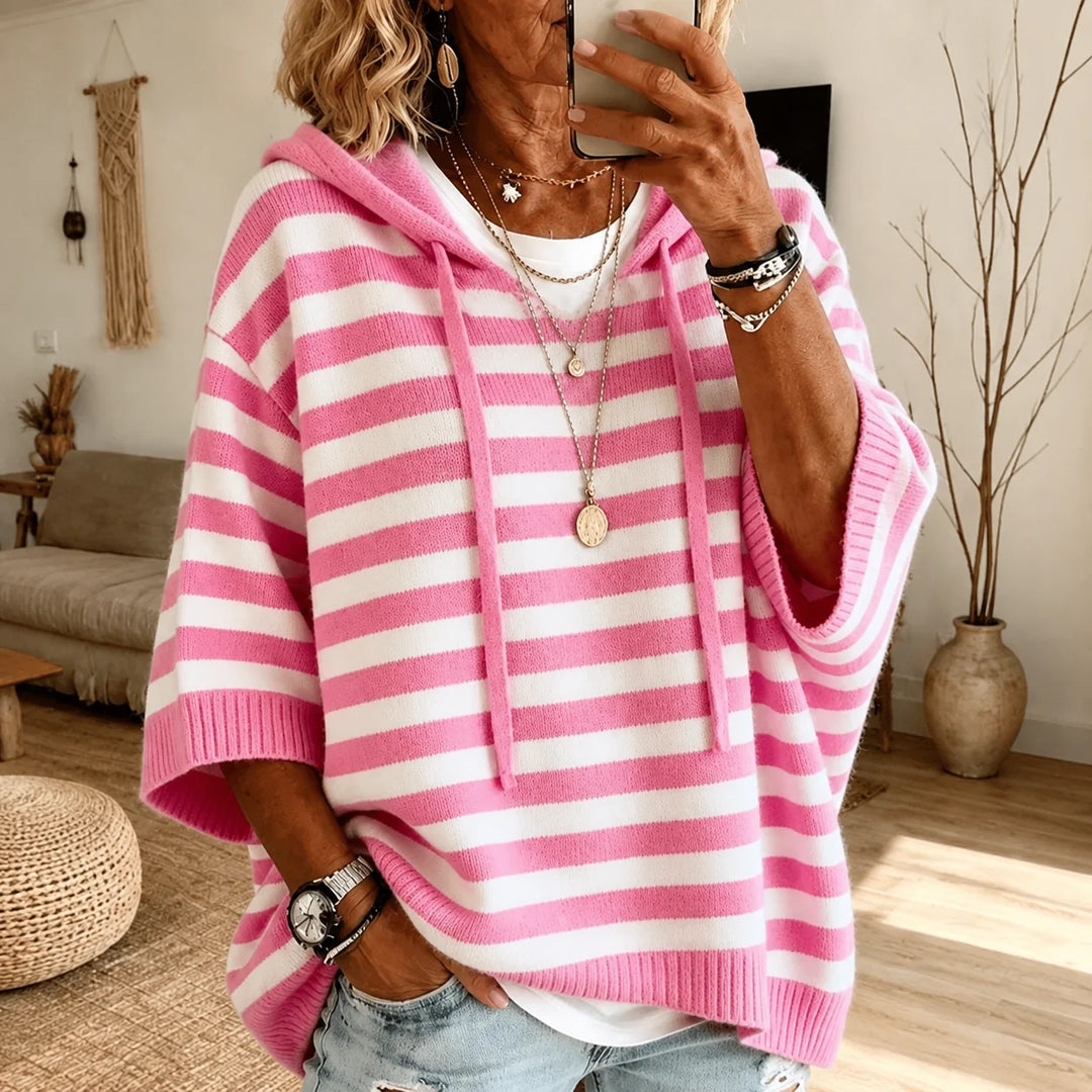 Damen Kapuzen-Poncho-Pullover mit Kordelzug und Streifenmuster 0