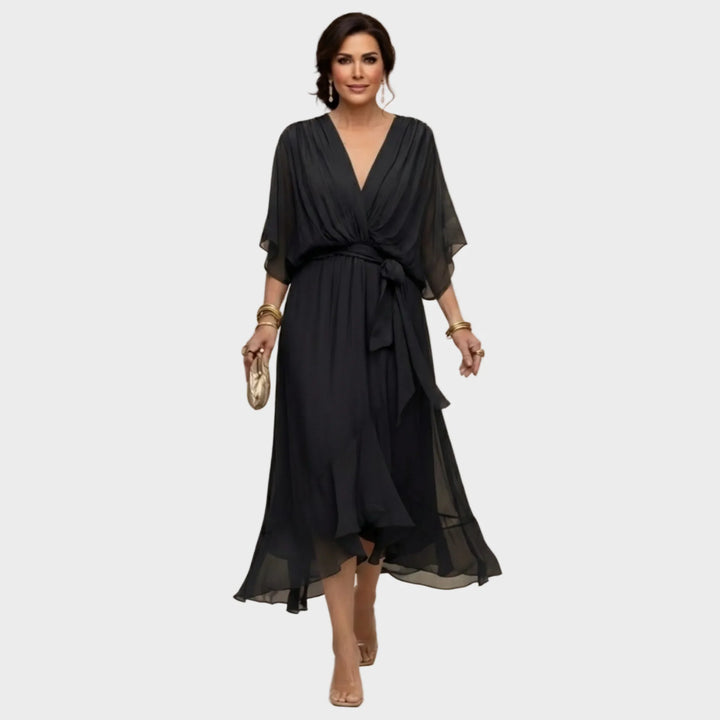 Damen Midi Chiffonkleid mit V Ausschnitt und Bindegürtel 1