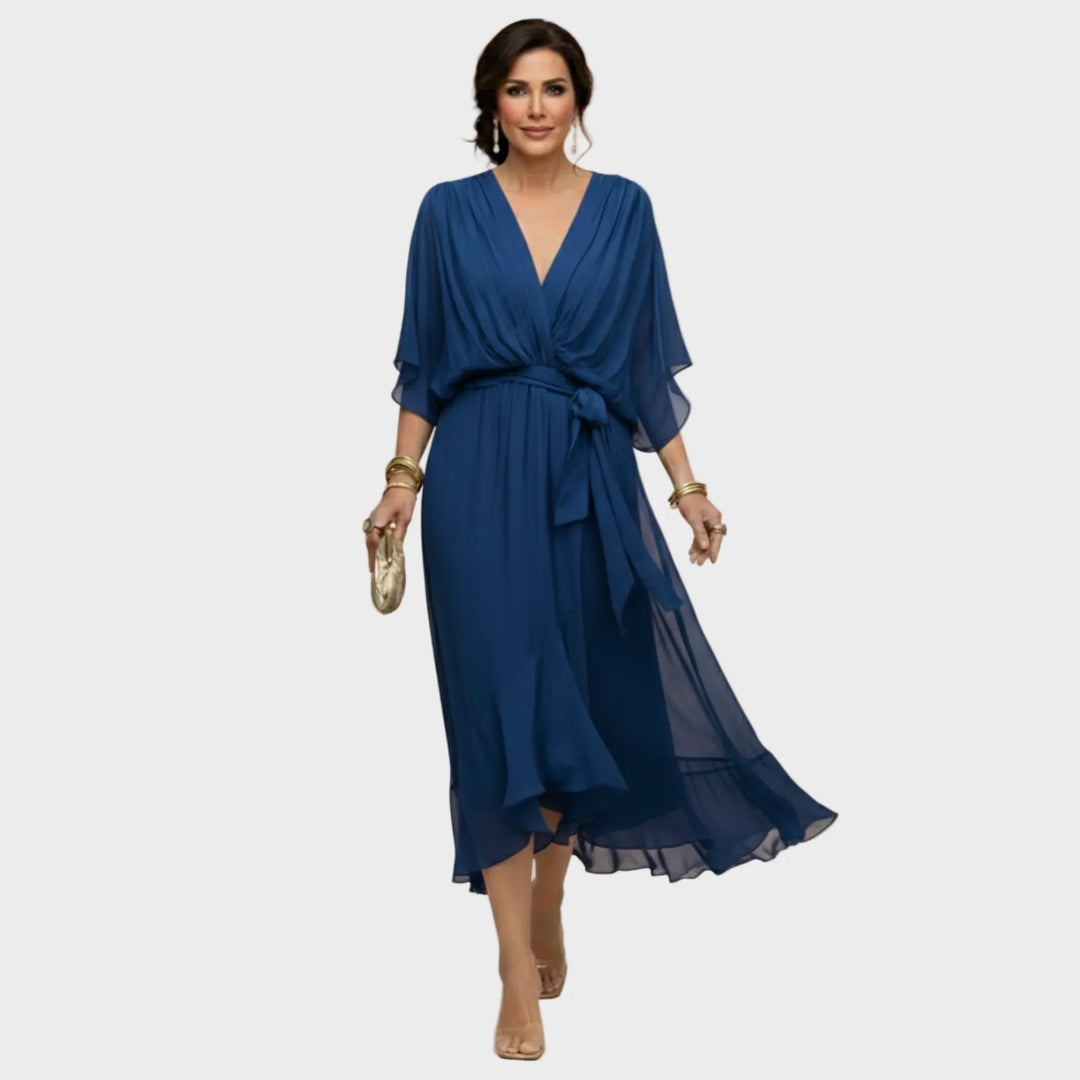 Damen Midi Chiffonkleid mit V Ausschnitt und Bindegürtel 2