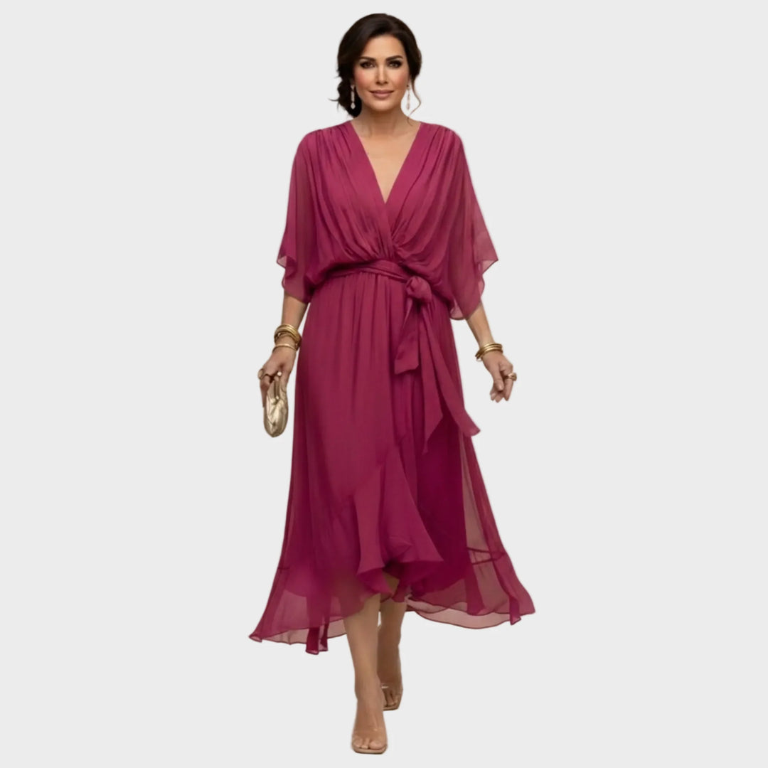 Damen Midi Chiffonkleid mit V Ausschnitt und Bindegürtel 3