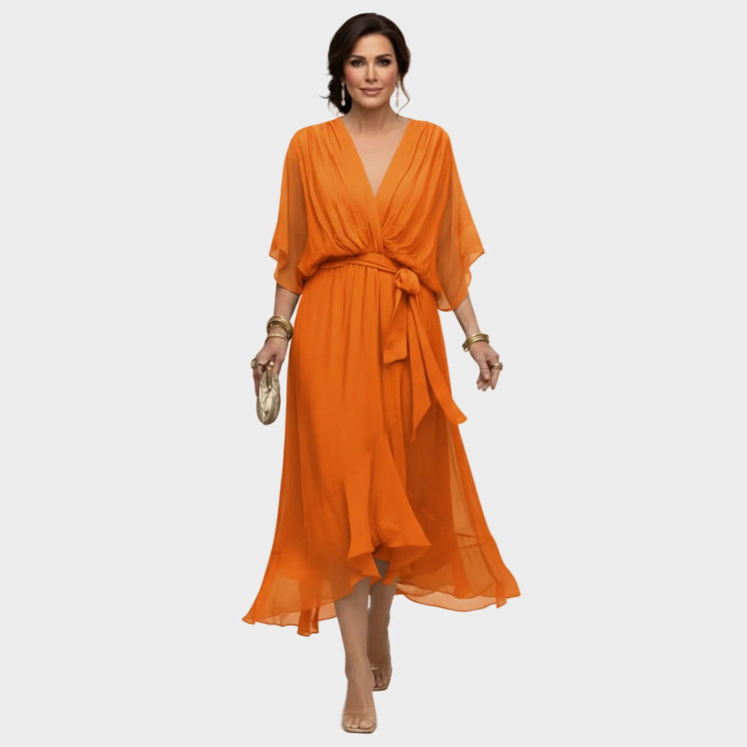Damen Midi Chiffonkleid mit V Ausschnitt und Bindegürtel 7