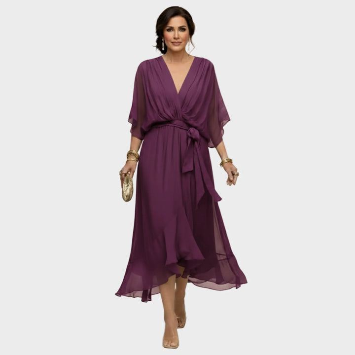 Damen Midi Chiffonkleid mit V Ausschnitt und Bindegürtel 8