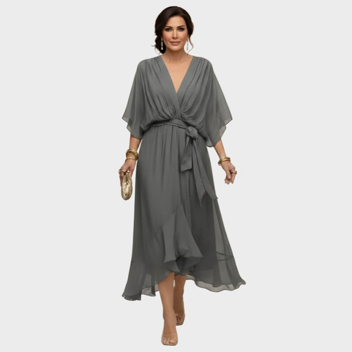 Damen Midi Chiffonkleid mit V Ausschnitt und Bindegürtel 9