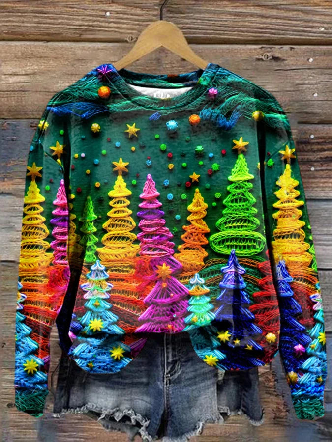 Damen Weihnachtsbaum-Print Langarm-Sweatshirt 0