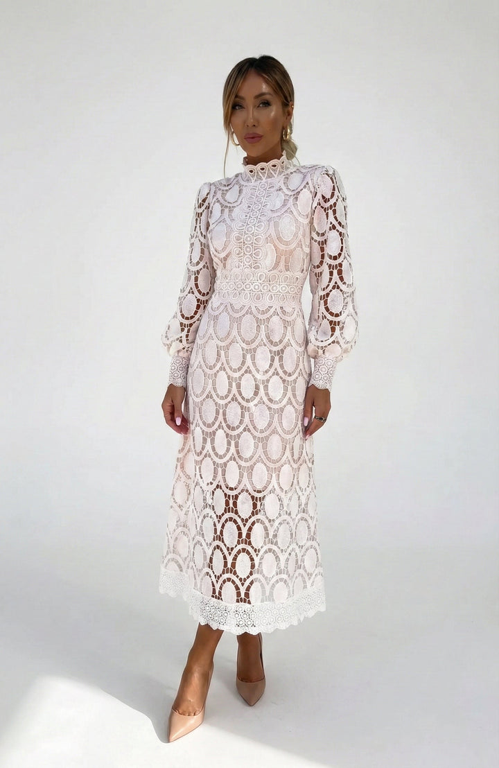 Elegant Women's Midi Dress with High Neck, Long Sleeves, and Flared Skirt - Perfect Formal Cocktail Dress 0