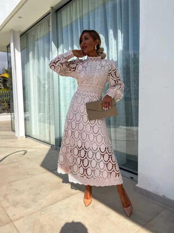Elegant Women's Midi Dress with High Neck, Long Sleeves, and Flared Skirt - Perfect Formal Cocktail Dress 1