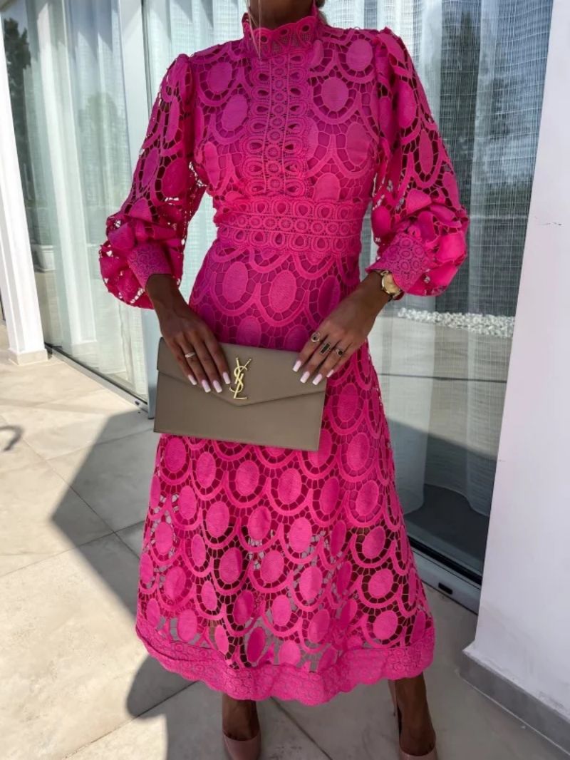 Elegant Women's Midi Dress with High Neck, Long Sleeves, and Flared Skirt - Perfect Formal Cocktail Dress 4