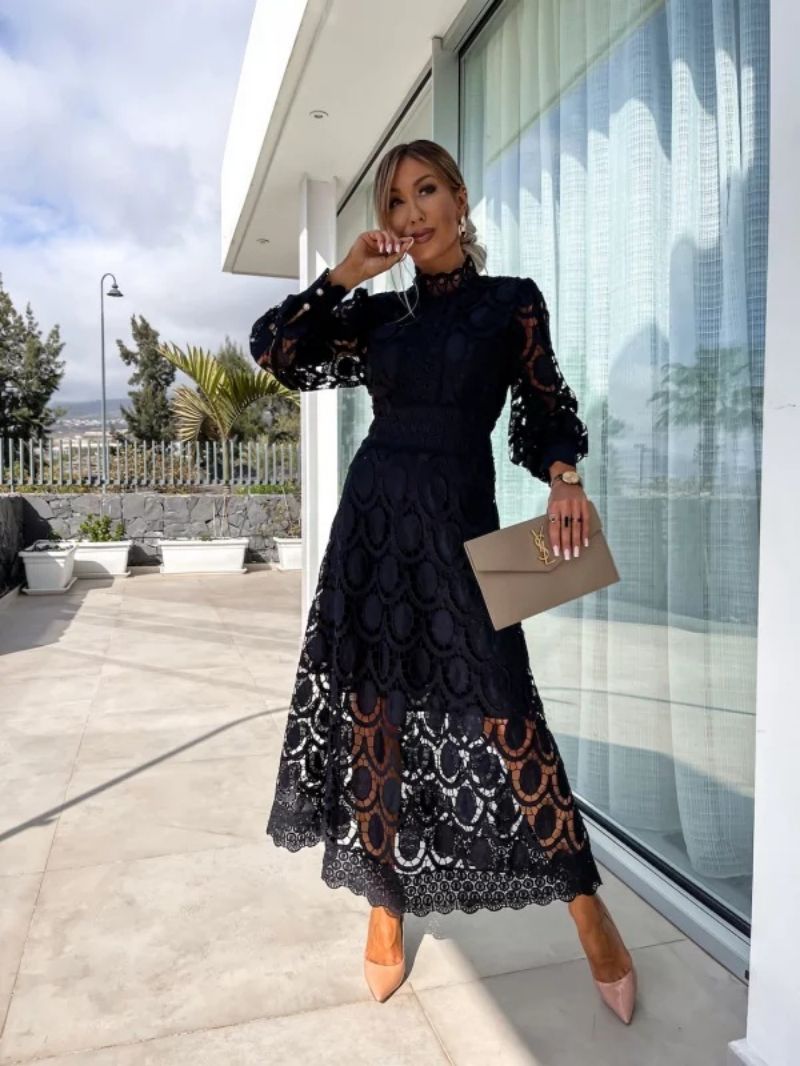 Elegant Women's Midi Dress with High Neck, Long Sleeves, and Flared Skirt - Perfect Formal Cocktail Dress 5