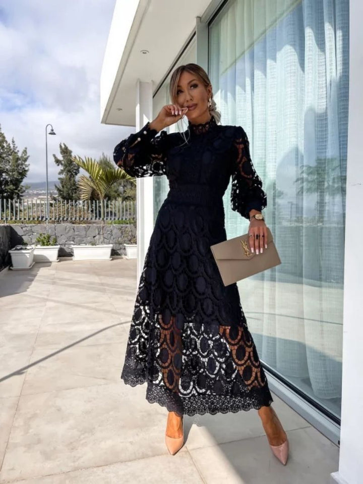 Elegant Women's Midi Dress with High Neck, Long Sleeves, and Flared Skirt - Perfect Formal Cocktail Dress 5
