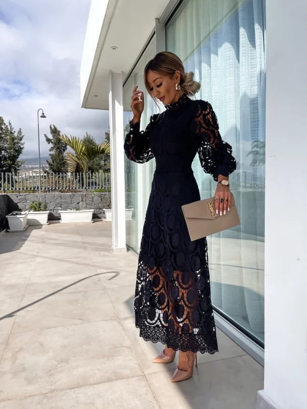 Elegant Women's Midi Dress with High Neck, Long Sleeves, and Flared Skirt - Perfect Formal Cocktail Dress 6