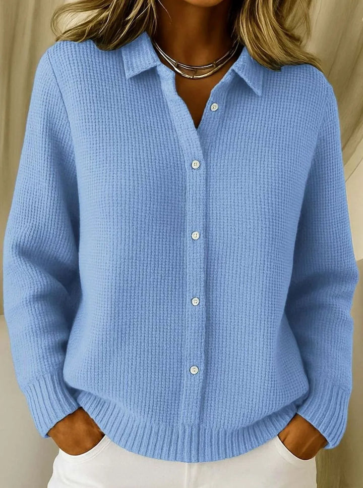 Frieda | Strickjacke Damen Hemdkragen Tailliert Hüftlang Langarm Cardigan 0