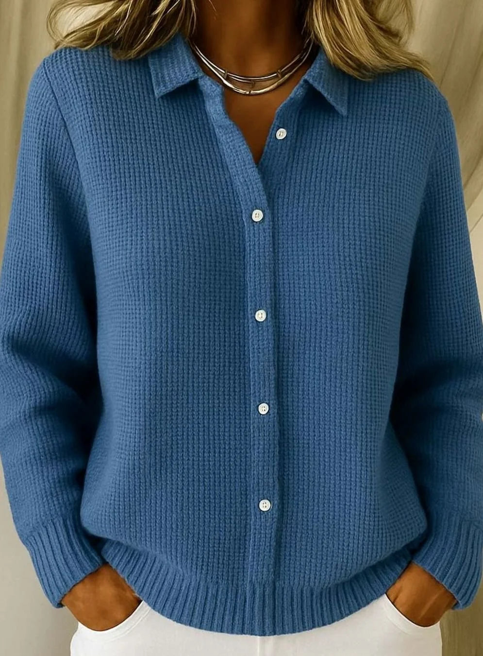 Frieda | Strickjacke Damen Hemdkragen Tailliert Hüftlang Langarm Cardigan 1