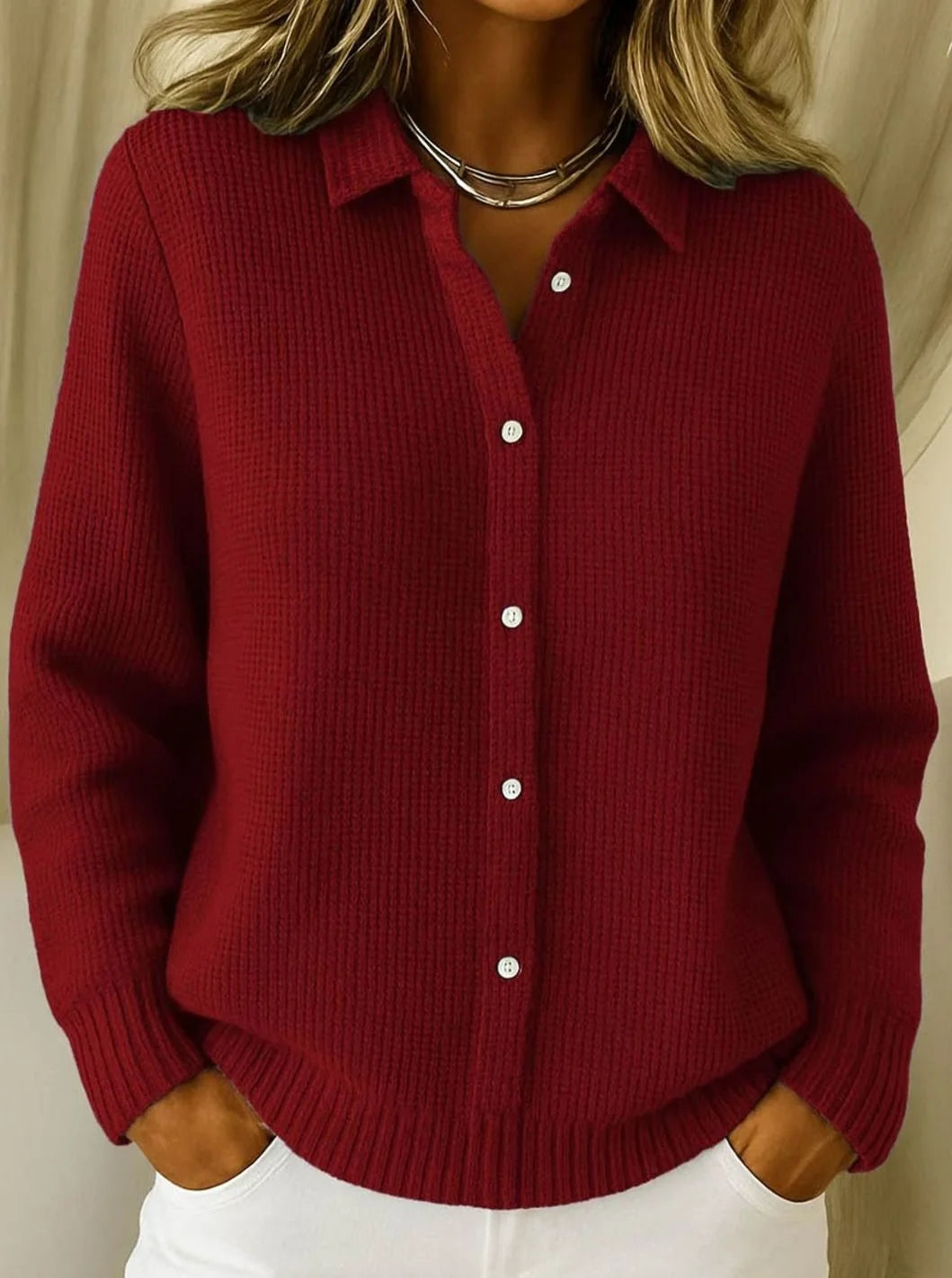 Frieda | Strickjacke Damen Hemdkragen Tailliert Hüftlang Langarm Cardigan 3