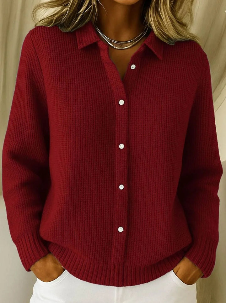Frieda | Strickjacke Damen Hemdkragen Tailliert Hüftlang Langarm Cardigan 3