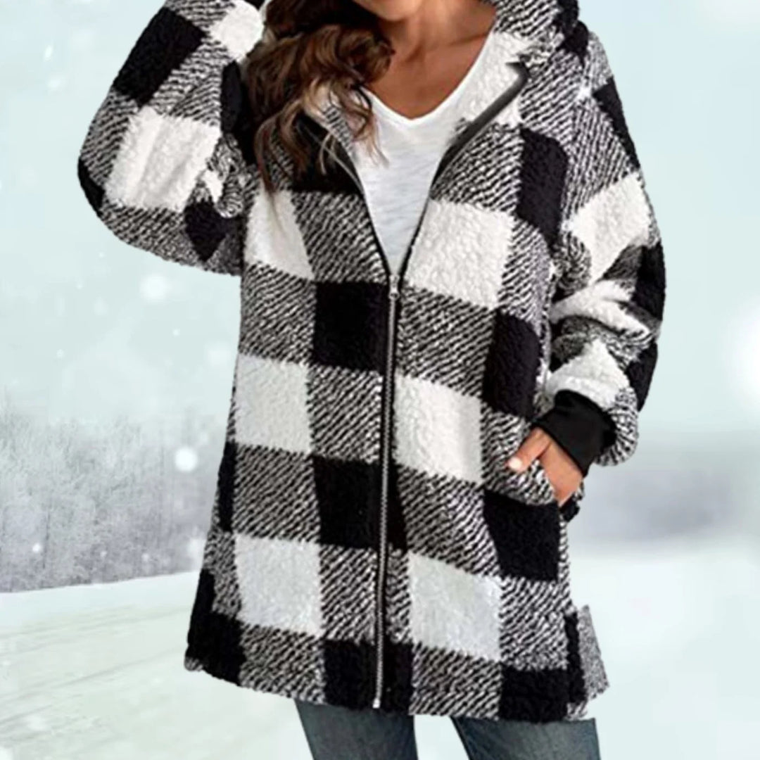 Greta | Damen Karierter Fleece-Hoodie-Mantel mit Reißverschluss 0