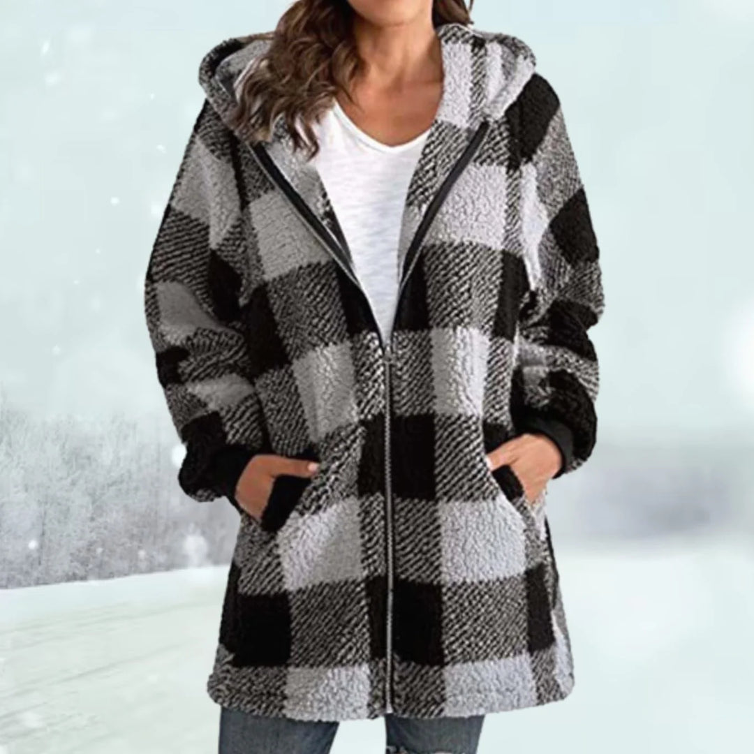 Greta | Damen Karierter Fleece-Hoodie-Mantel mit Reißverschluss 2