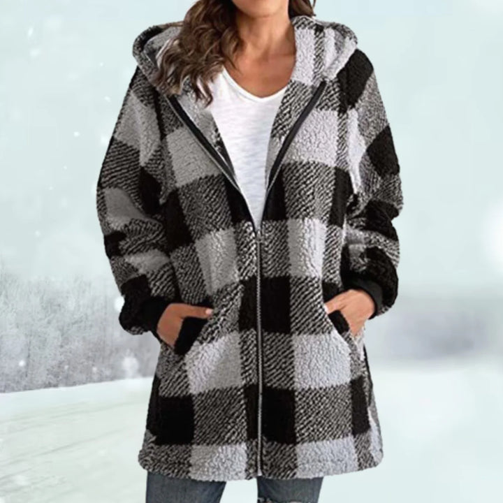 Greta | Damen Karierter Fleece-Hoodie-Mantel mit Reißverschluss 2