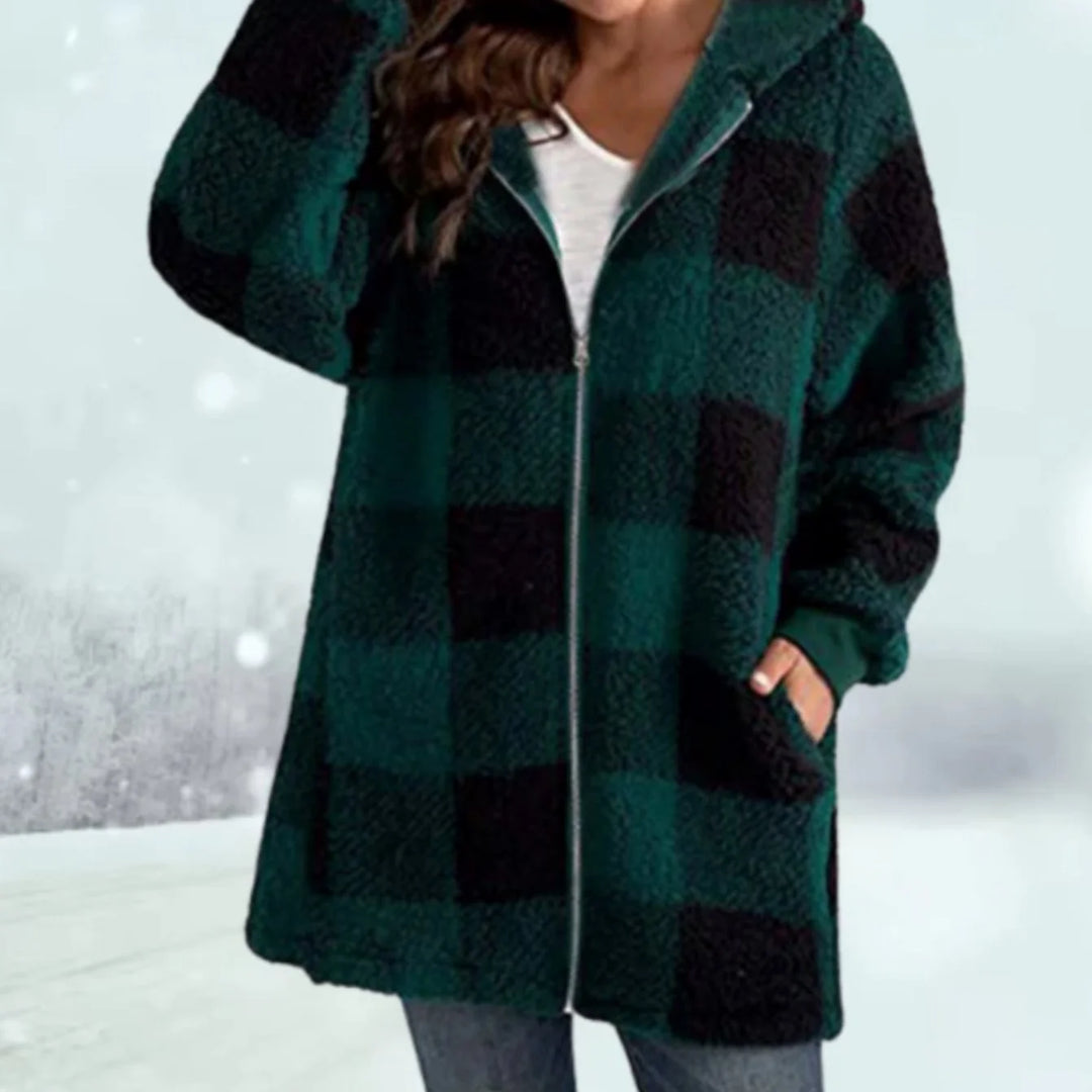 Greta | Damen Karierter Fleece-Hoodie-Mantel mit Reißverschluss 3