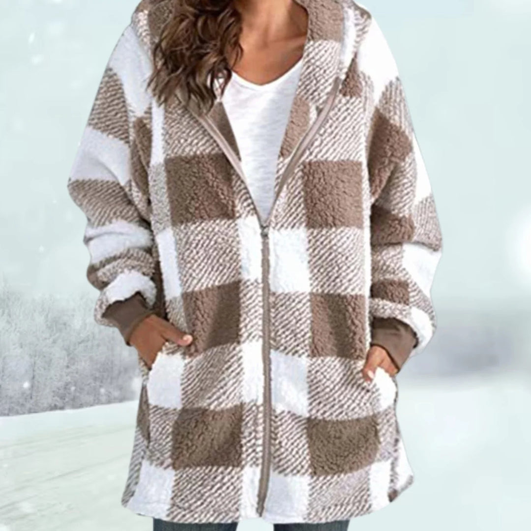 Greta | Damen Karierter Fleece-Hoodie-Mantel mit Reißverschluss 4