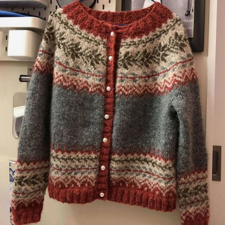 Hannah | Damen Strickjacke Norwegermuster Rundhals Cardigan mit Knopfleiste 0