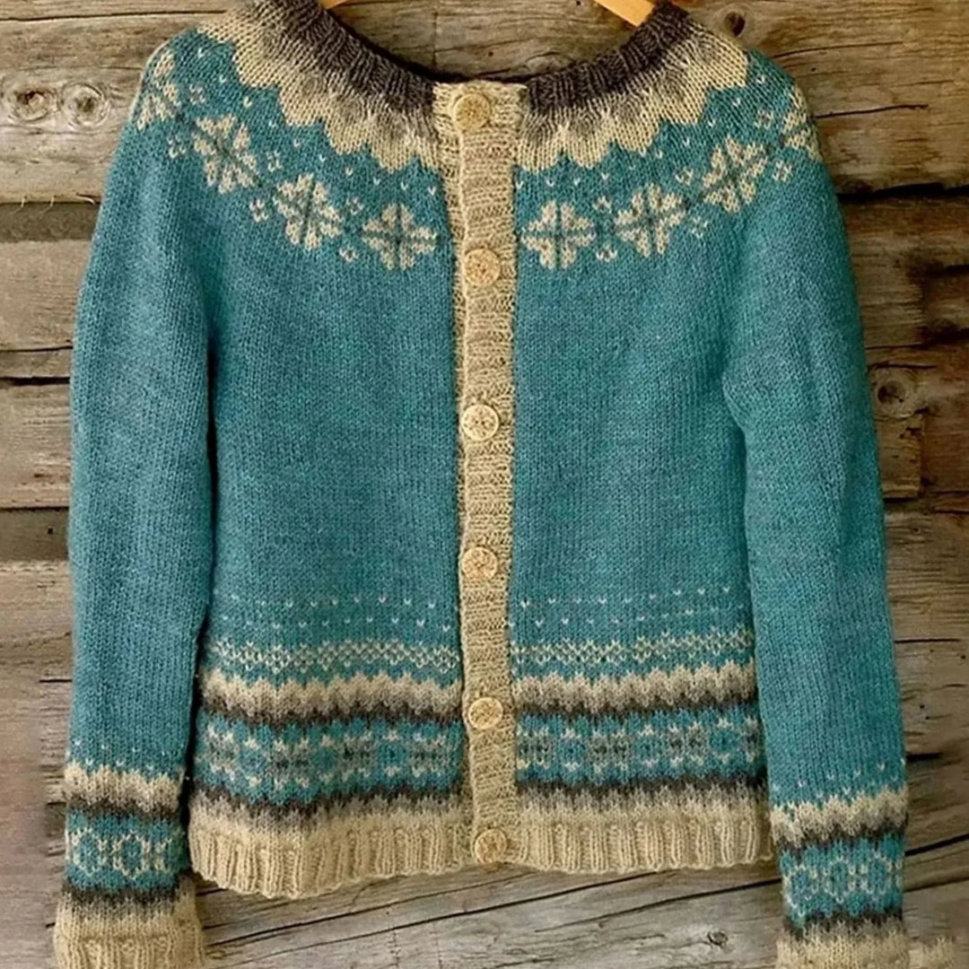 Hannah | Damen Strickjacke Norwegermuster Rundhals Cardigan mit Knopfleiste 3