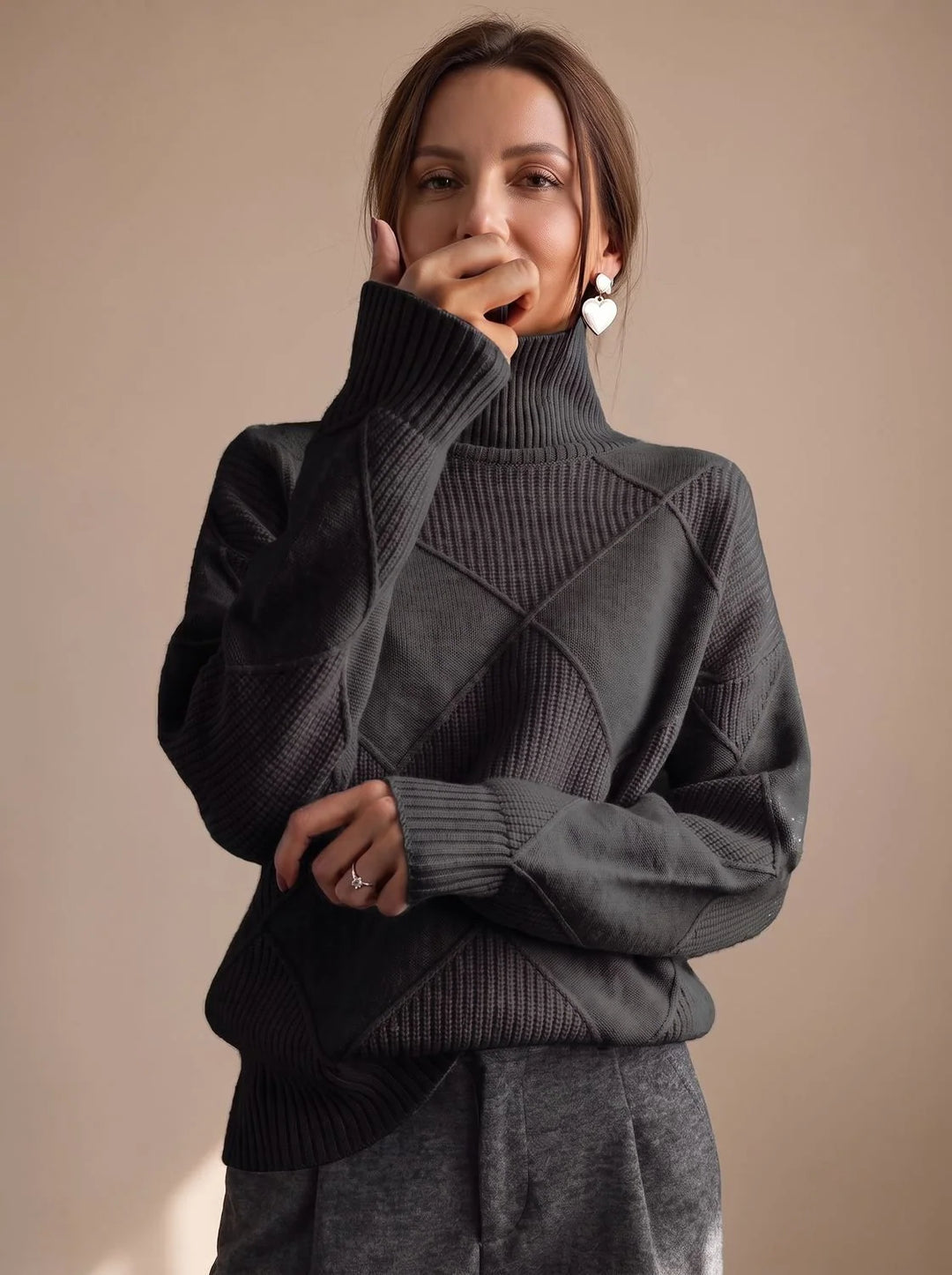 Katharina | Damen Rollkragenpullover mit geometrischem Strickmuster Langarm 9