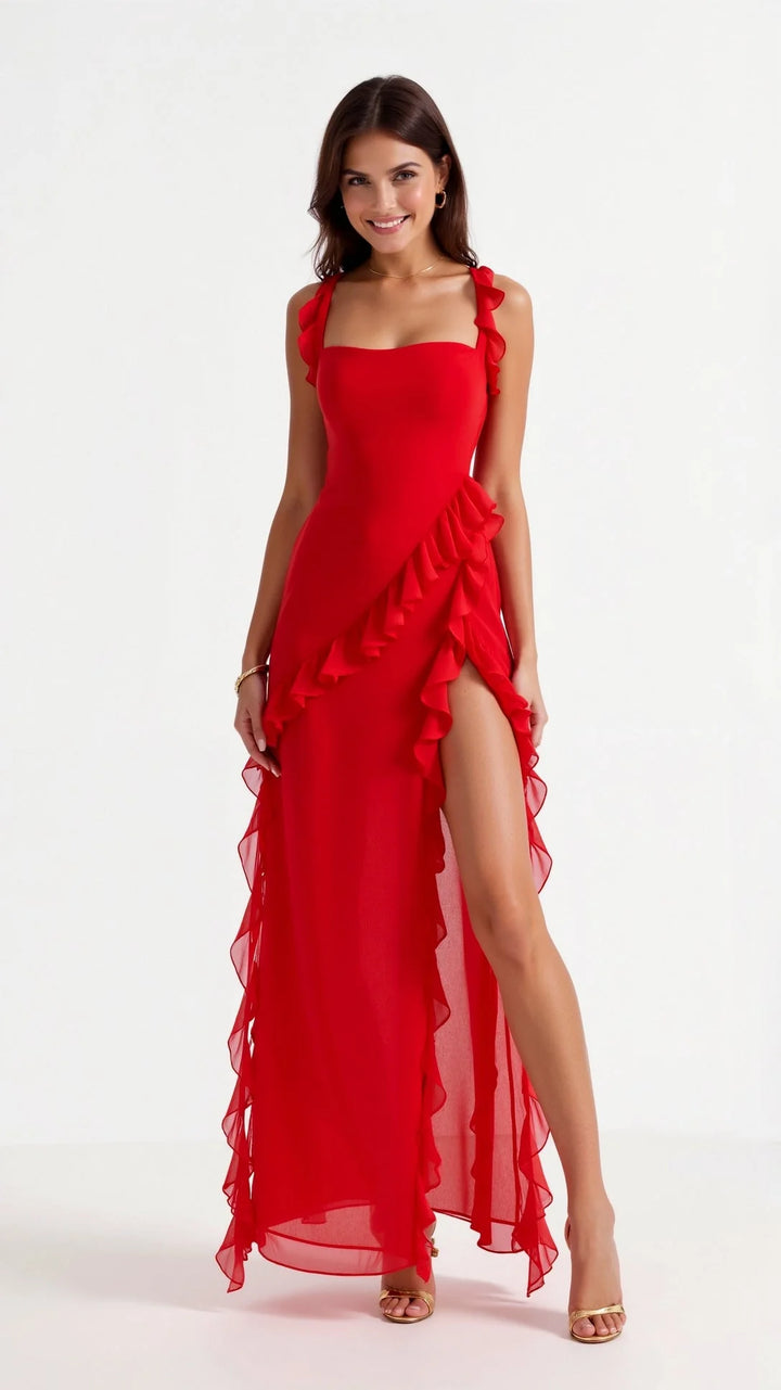 Laura | Damen Maxikleid mit Rüschen und seitlichem Schlitz 8