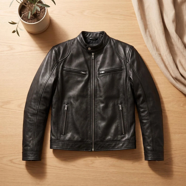 Leon | Herren Lederjacke Biker-Stil Stehkragen Reißverschluss Winterjacke 0