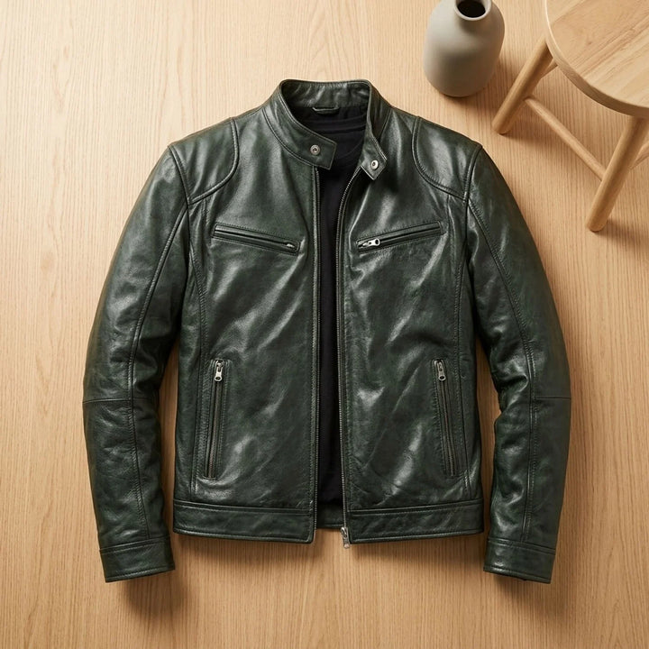 Leon | Herren Lederjacke Biker-Stil Stehkragen Reißverschluss Winterjacke 2
