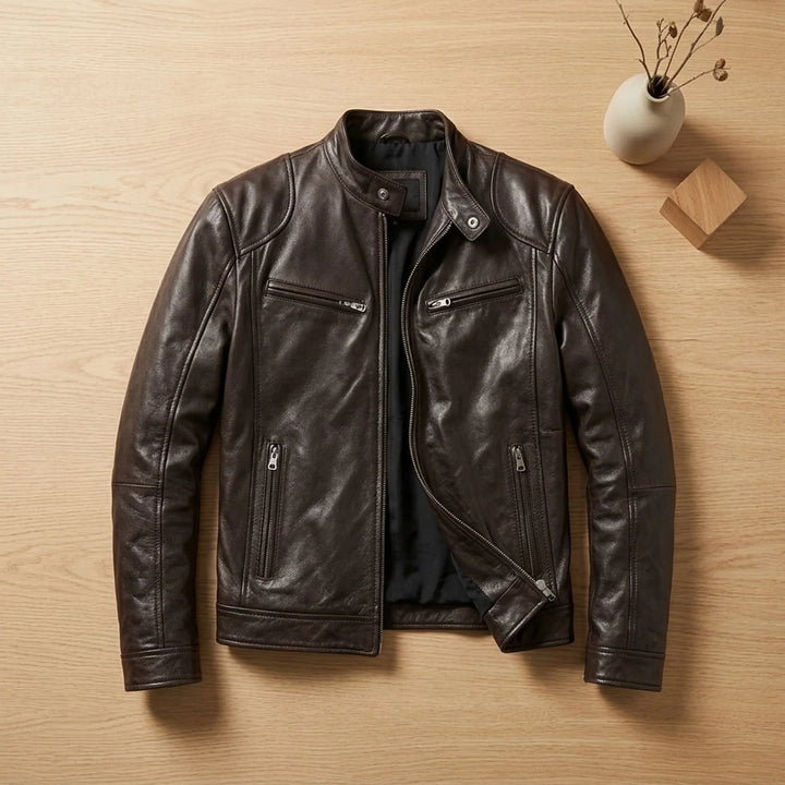 Leon | Herren Lederjacke Biker-Stil Stehkragen Reißverschluss Winterjacke 7