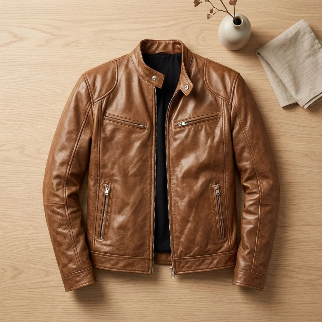 Leon | Herren Lederjacke Biker-Stil Stehkragen Reißverschluss Winterjacke 9