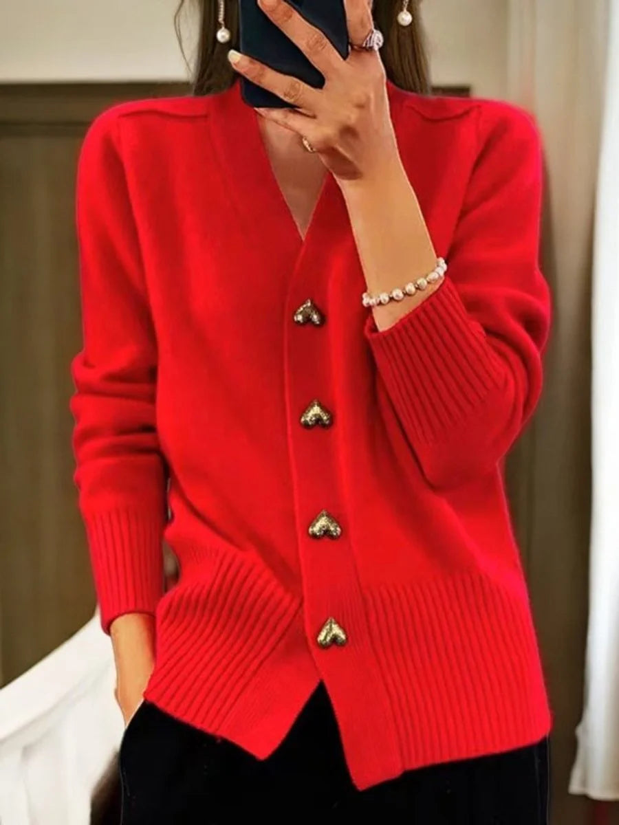 Leonie | Damen V-Ausschnitt Strick-Cardigan mit Herzknöpfen Relaxed Fit 3