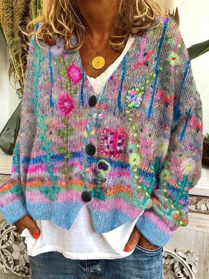 Marie | Damen Retro Blumen-Cardigan mit Knopfleiste in Buntem Strickdesign 0