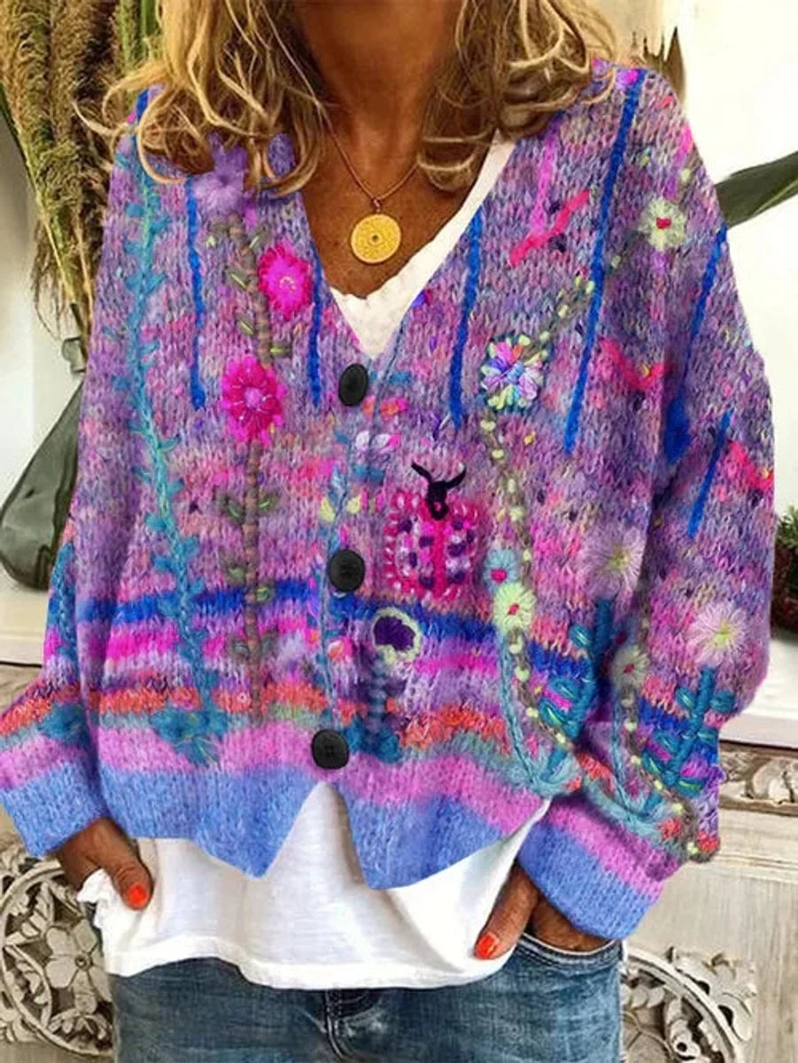 Marie | Damen Retro Blumen-Cardigan mit Knopfleiste in Buntem Strickdesign 1