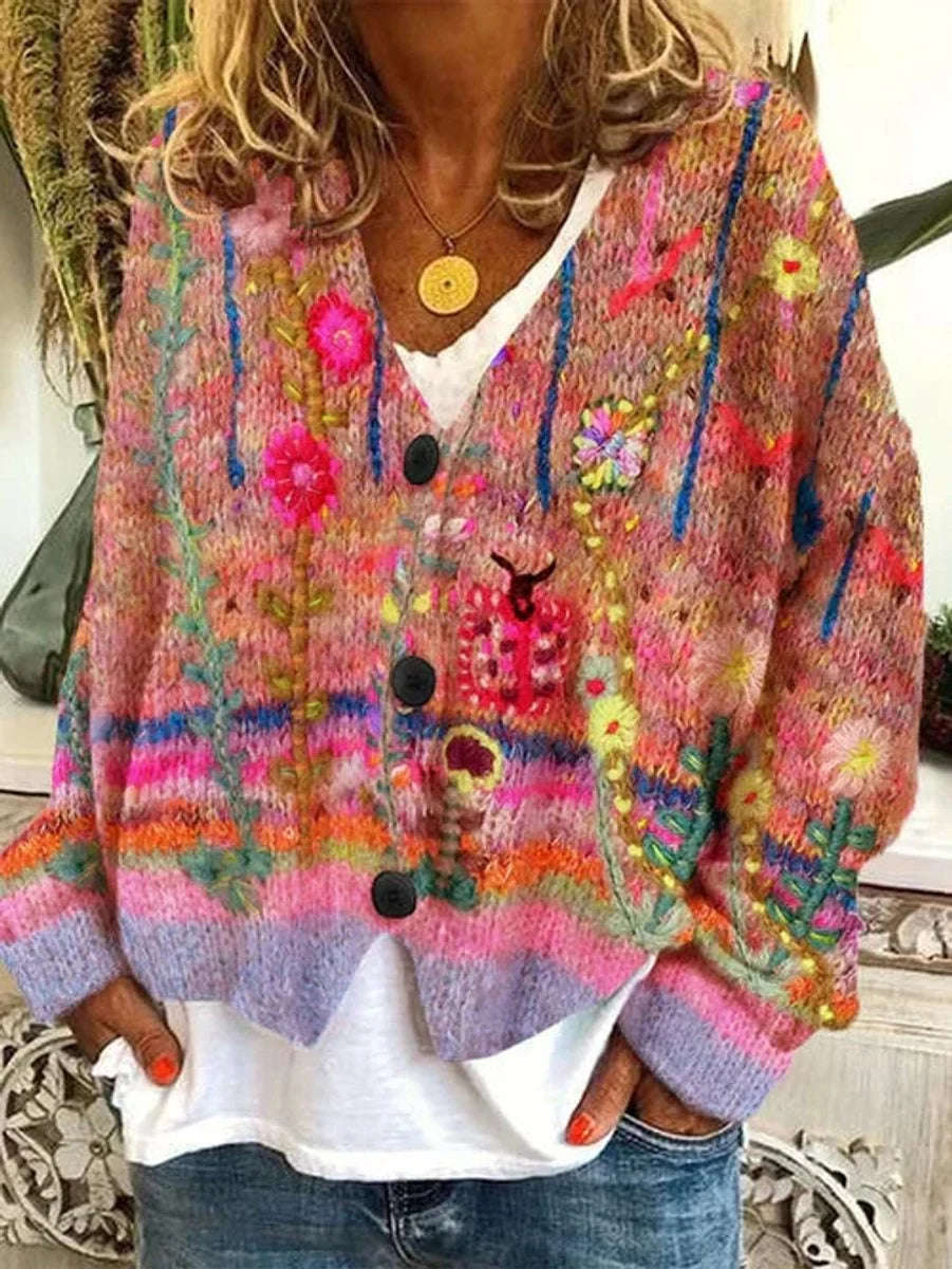 Marie | Damen Retro Blumen-Cardigan mit Knopfleiste in Buntem Strickdesign 2