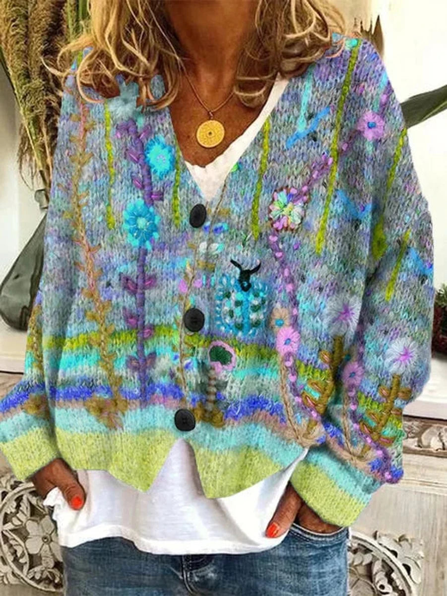 Marie | Damen Retro Blumen-Cardigan mit Knopfleiste in Buntem Strickdesign 3