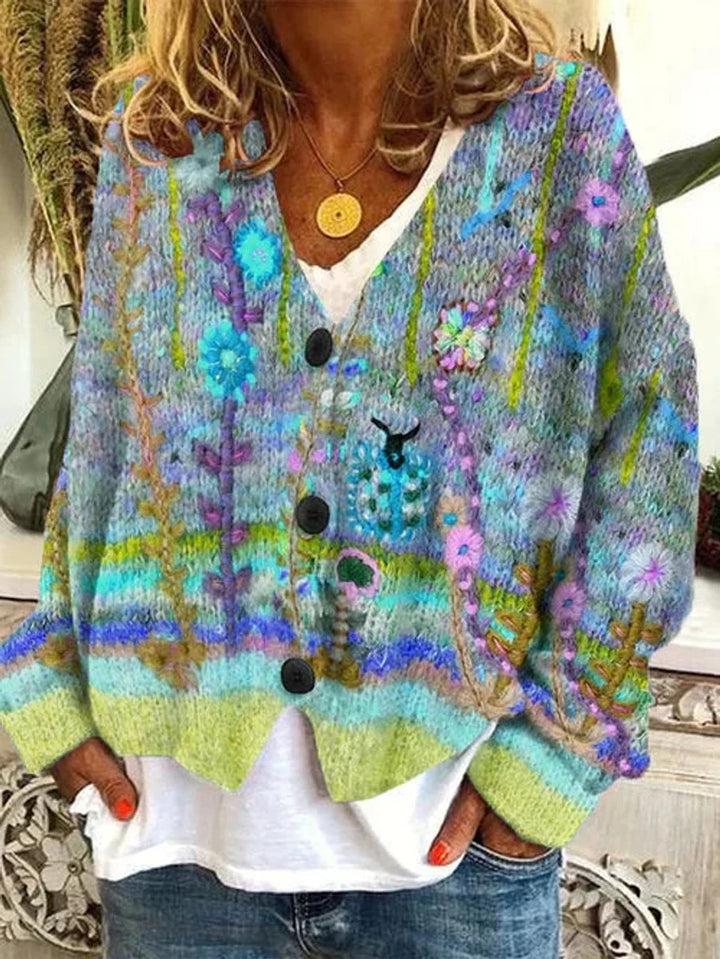 Marie | Damen Retro Blumen-Cardigan mit Knopfleiste in Buntem Strickdesign 3