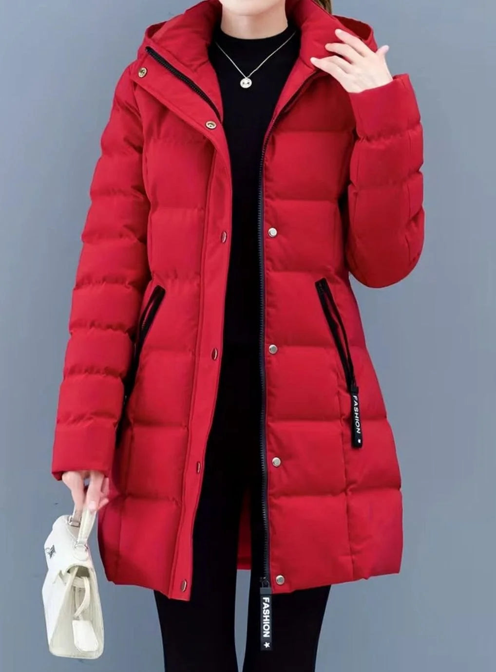 Marie | Damen Winterjacke Gesteppter Mantel mit Kapuze Reißverschluss Mittellang 5