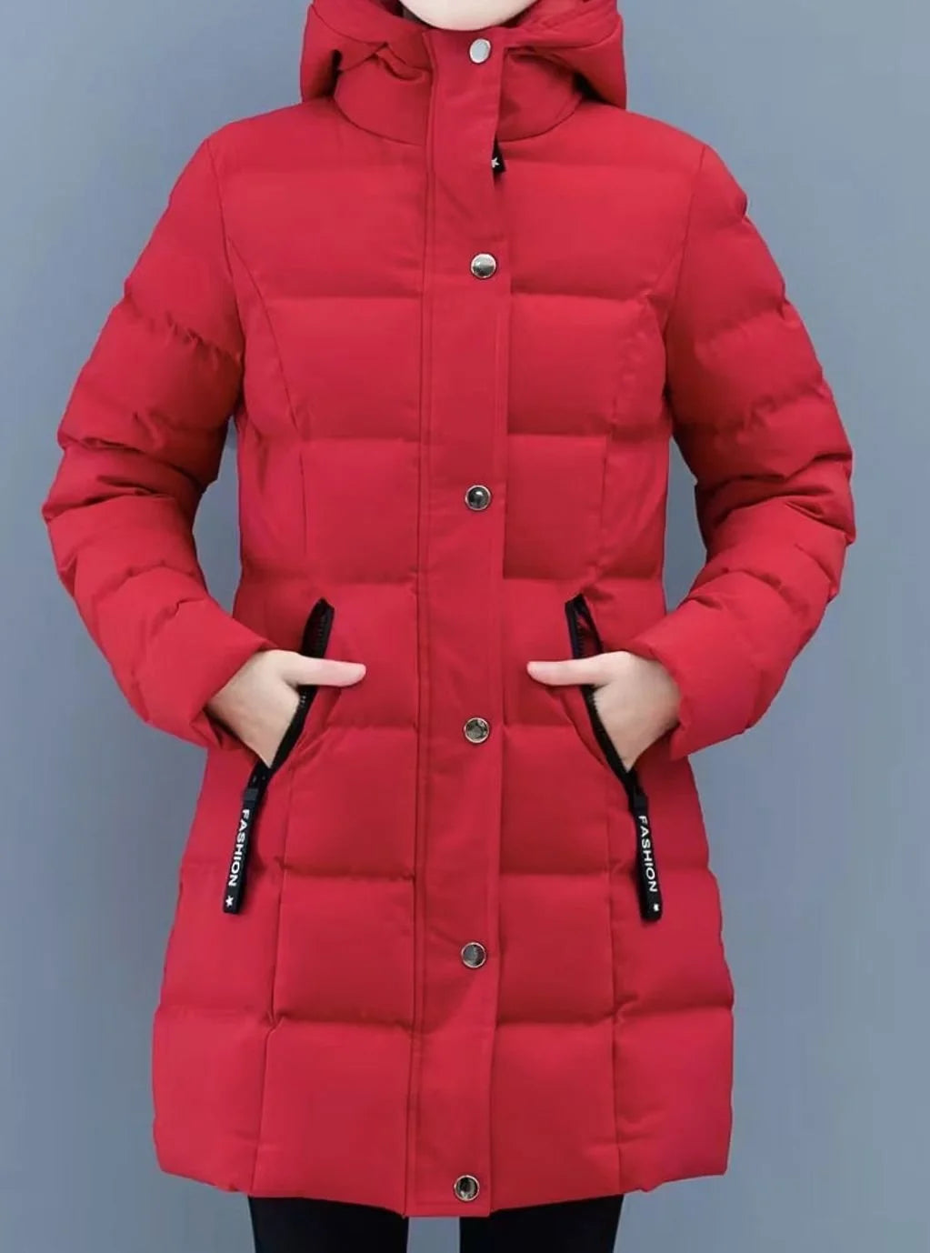 Marie | Damen Winterjacke Gesteppter Mantel mit Kapuze Reißverschluss Mittellang 7