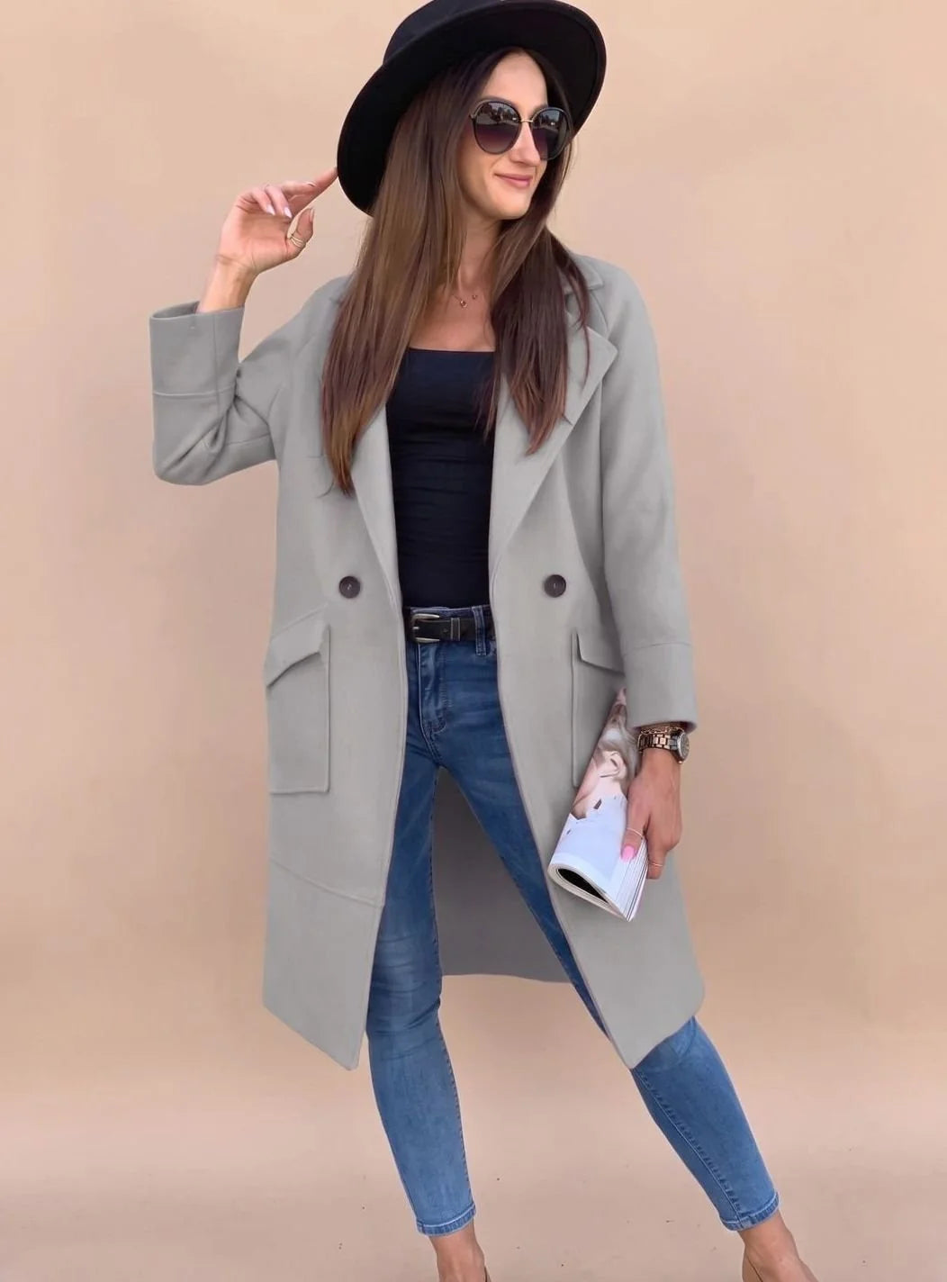 Marlene | Trenchcoat Damen Eleganter Zweireiher Mantel mit Reverskragen Taschen 1