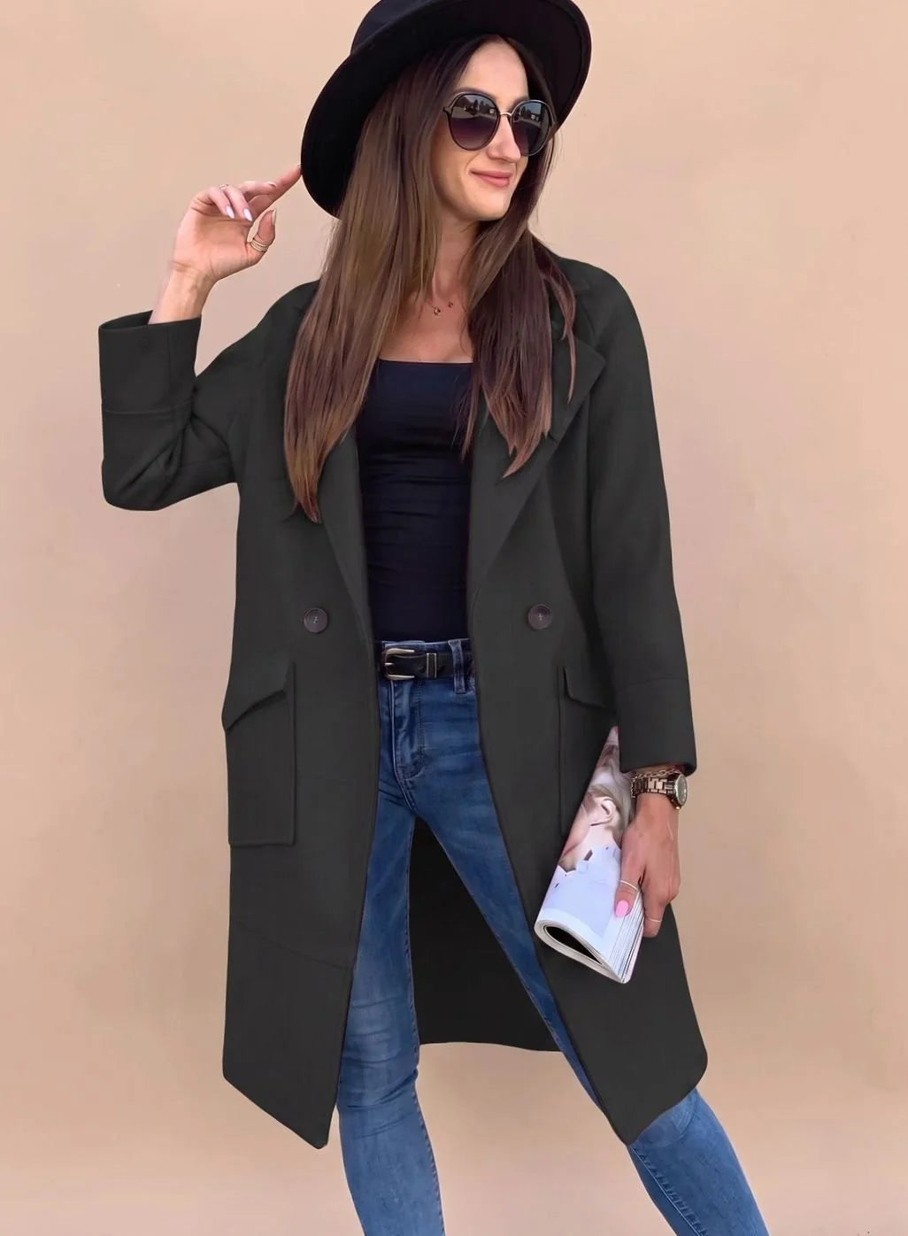 Marlene | Trenchcoat Damen Eleganter Zweireiher Mantel mit Reverskragen Taschen 10