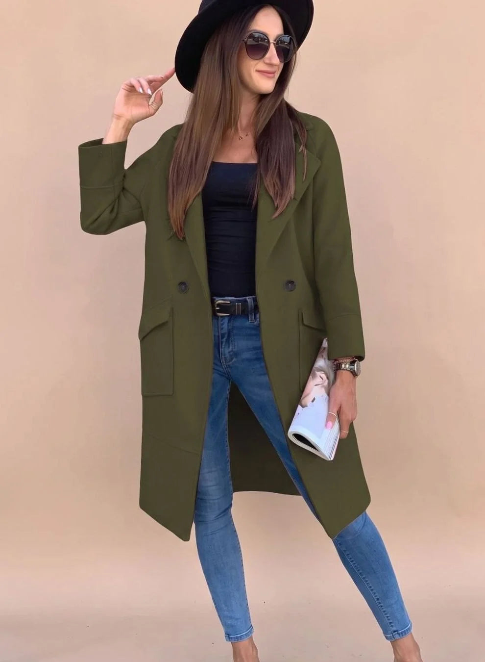 Marlene | Trenchcoat Damen Eleganter Zweireiher Mantel mit Reverskragen Taschen 2