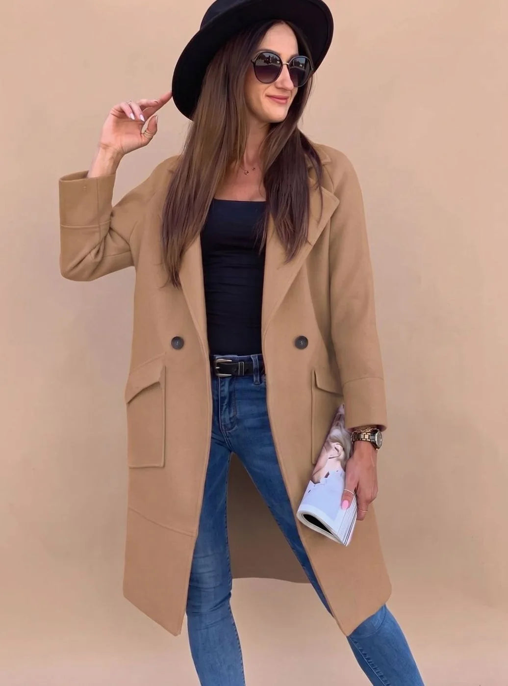 Marlene | Trenchcoat Damen Eleganter Zweireiher Mantel mit Reverskragen Taschen 3