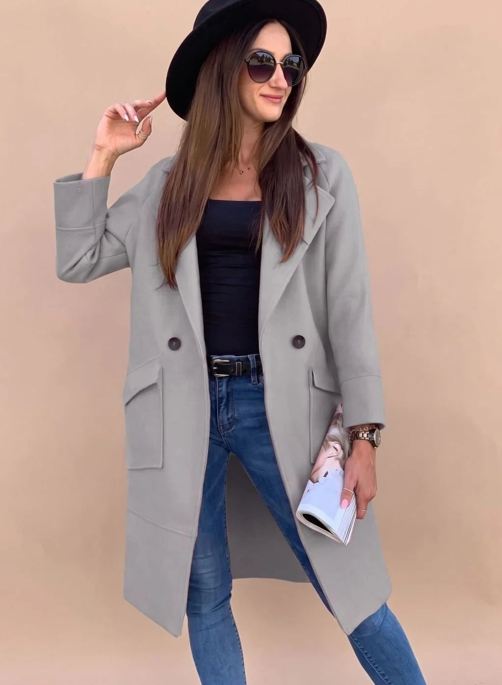 Marlene | Trenchcoat Damen Eleganter Zweireiher Mantel mit Reverskragen Taschen 6
